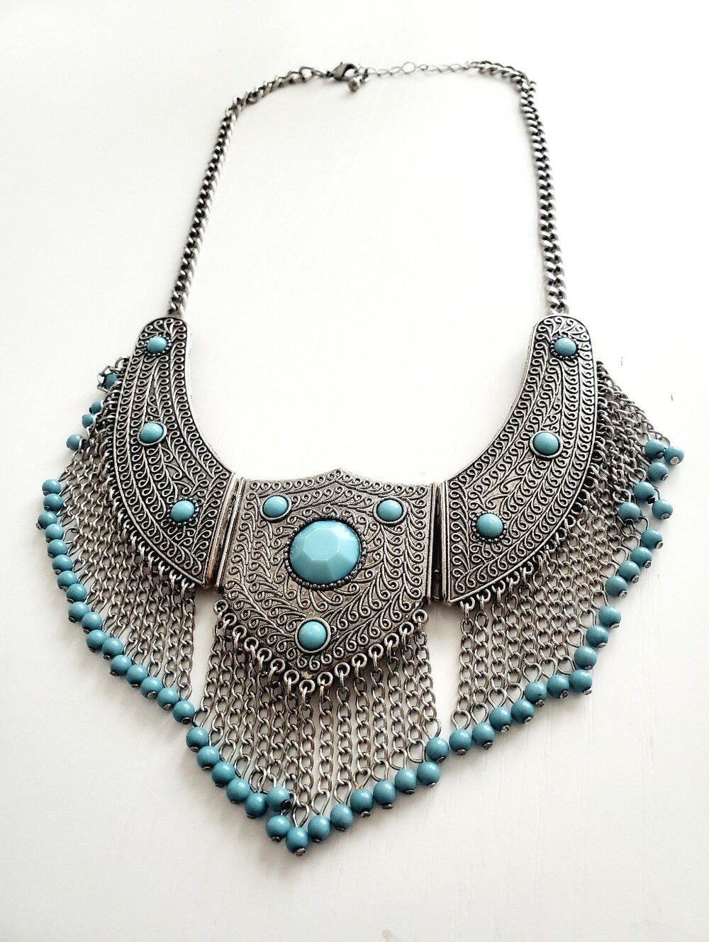Bohemian Silver-Tone Faux Turquoise Statement Necklace